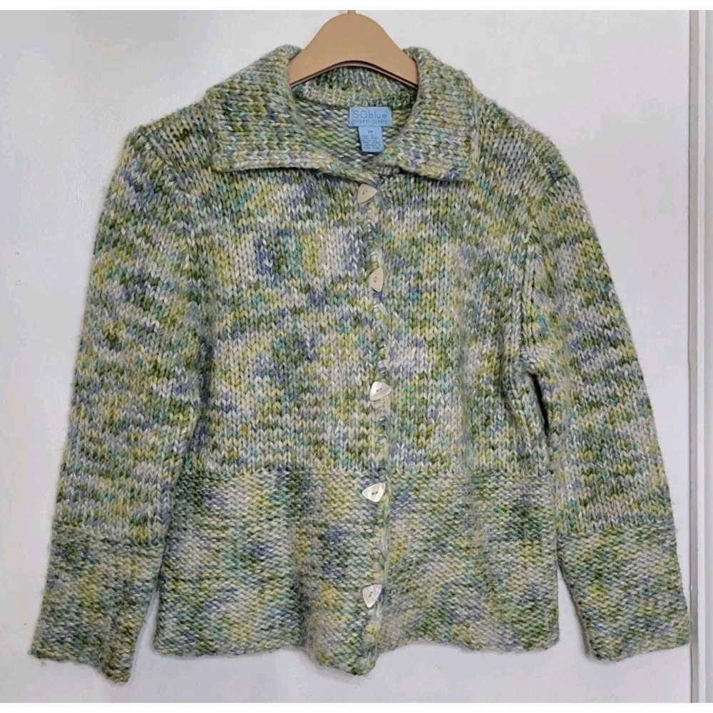 Sigrid Olsen Sweater Sz XS Green Chunky "Tweed" Cardigan Wool Blend‎ Extra Small